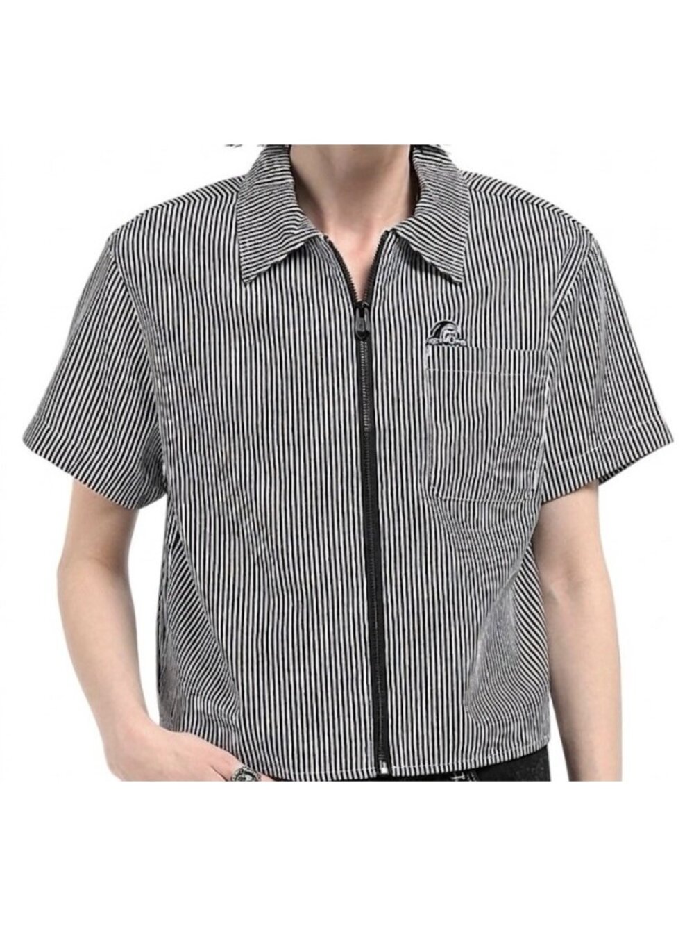 Lurking Class by Sketchy Tank Lurker Black & White Stripe Crop Work Shirt XS